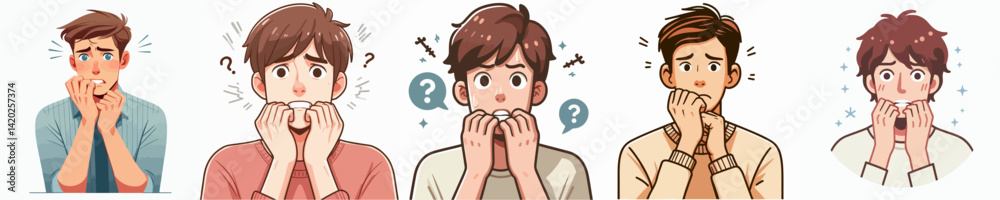 Vector collection of a person biting nails with a worried, scared expression Vector collection of a person biting nails with a worried, scared expression
