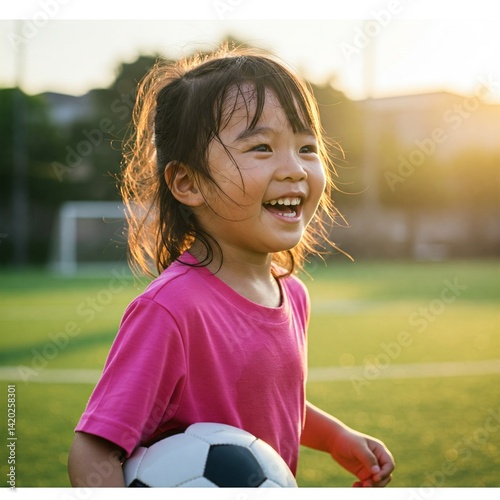 little asian girl playing soccer(football) happily and sweating a lot
