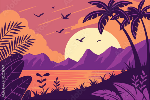 34 Vibrant sunset landscape, tropical beach scene, large setting sun, colorful sky, neon purple and orange hues, silhouette mountains, calm reflective water, tropical leaves in foreground, flying bird
