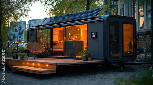Close up of portable technology solutions for tiny homes, including folding solar kits and mobile smart home hubs