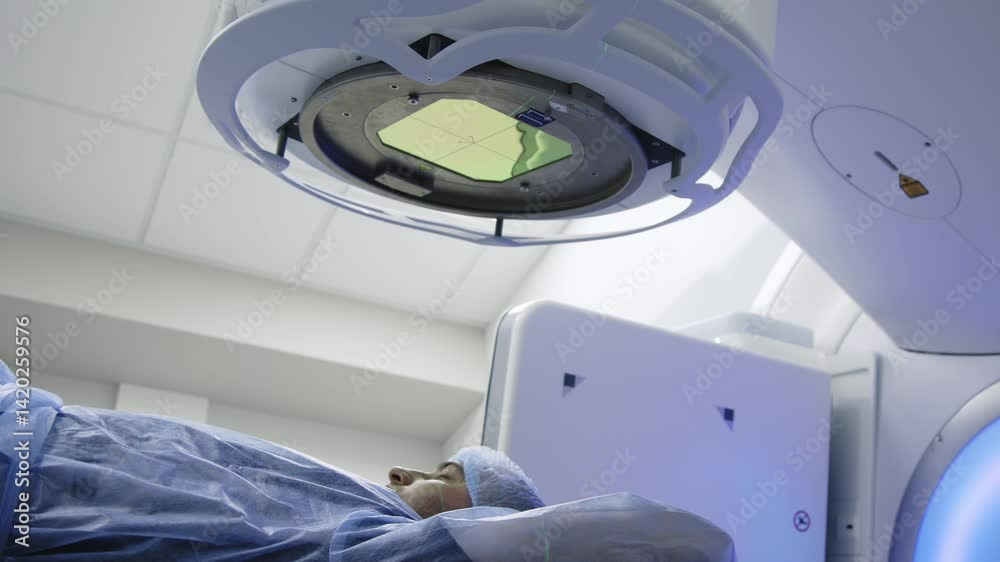 In a modern oncology clinic, a man is prepared for radiation therapy on a modern linear accelerator. Modern approaches to the treatment of oncology. In a modern oncology clinic, a man is prepared for radiation therapy on a modern linear accelerator. Modern approaches to the treatment of oncology.