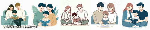 Collection of vectors of mothers and fathers reading books with their children