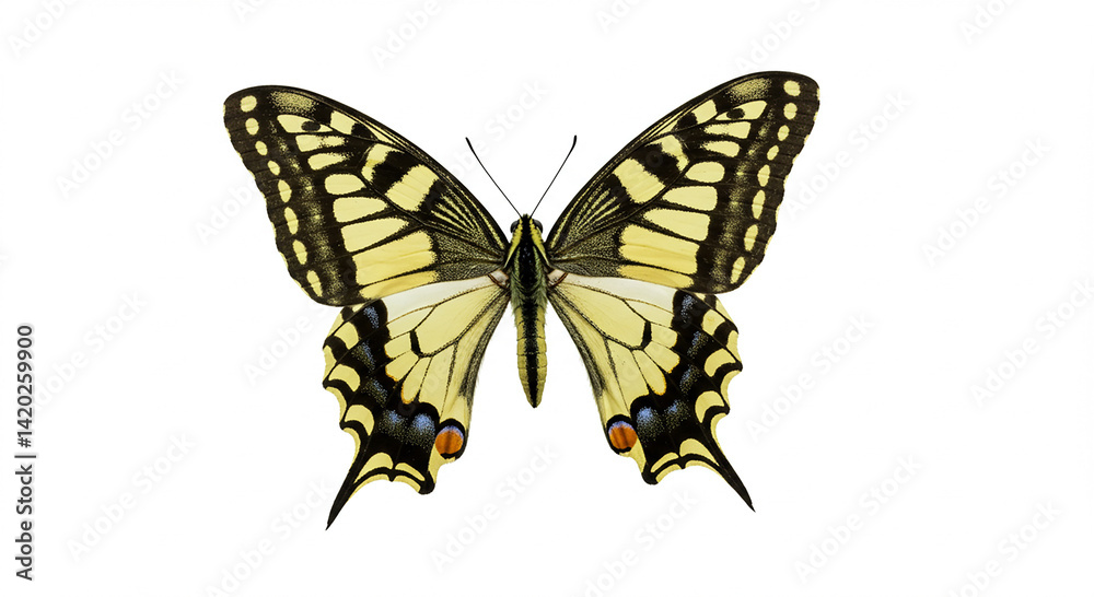 Yellow butterfly with black pattern isolated. Insect spreading wings. Papilio machaon opening its wings. Swallowtail butterfly in details. Exotic wildlife against white background. Yellow butterfly with black pattern isolated. Insect spreading wings. Papilio machaon opening its wings. Swallowtail butterfly in details. Exotic wildlife against white background.