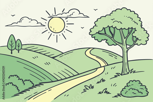 35 Sunny landscape, rolling green hills, winding path, lush trees, bright yellow sun, clear blue sky, soft clouds, gentle rays of sunlight, peaceful countryside, minimalist style, vector illustration,