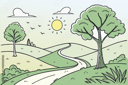 35 Sunny landscape, rolling green hills, winding path, lush trees, bright yellow sun, clear blue sky, soft clouds, gentle rays of sunlight, peaceful countryside, minimalist style, vector illustration,