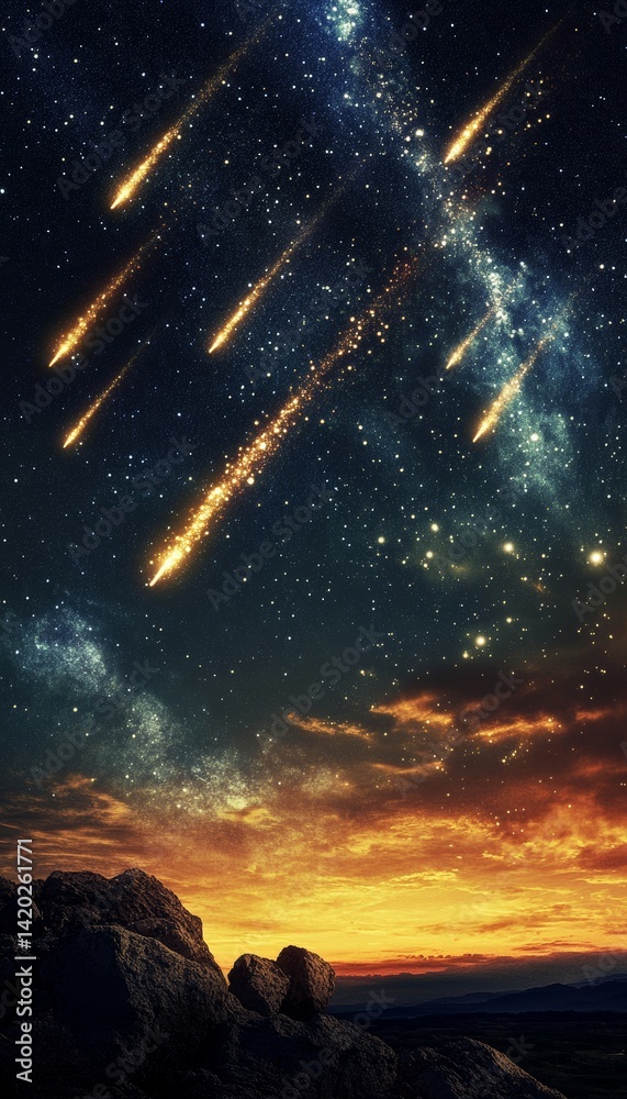 Dramatic scene of meteorites in a vibrant starry sky, highlighting a comet s tail and meteor rain