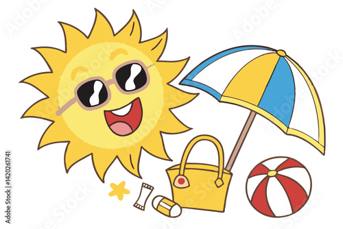 36 Cartoon sun with sunglasses, yellow and blue beach umbrella, vibrant colors, summer vacation icon, cheerful illustration, vector graphics, simple shapes, beach accessories, sunny day, UV protection
