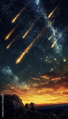 Dramatic scene of meteorites in a vibrant starry sky, highlighting a comet s tail and meteor rain