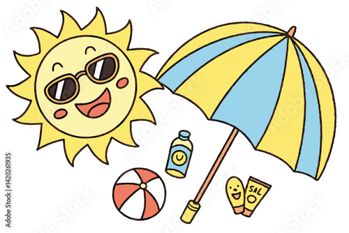 36 Cartoon sun with sunglasses, yellow and blue beach umbrella, vibrant colors, summer vacation icon, cheerful illustration, vector graphics, simple shapes, beach accessories, sunny day, UV protection