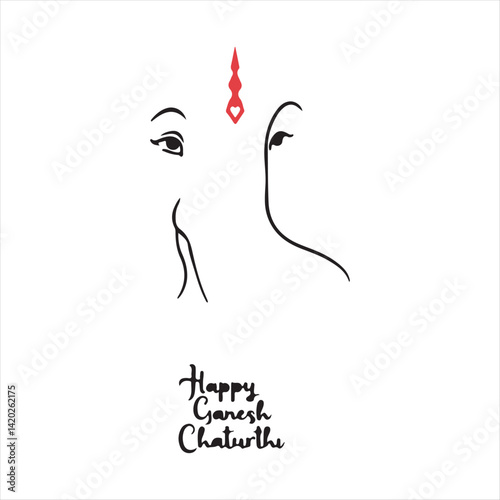 Happy Ganesh Chaturthi Calligraphy Design,Lord Ganesha Line Art Illustration,Ganesh Chaturthi Festival Greeting Card,Minimalist Ganesha Vector Design,Hindu Festival Ganesh Chaturthi Artwork
