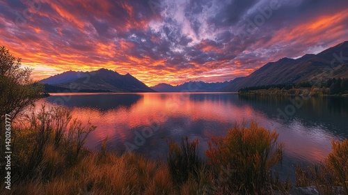 Vibrant sunset over a tranquil lake, framed by mountains. photo
