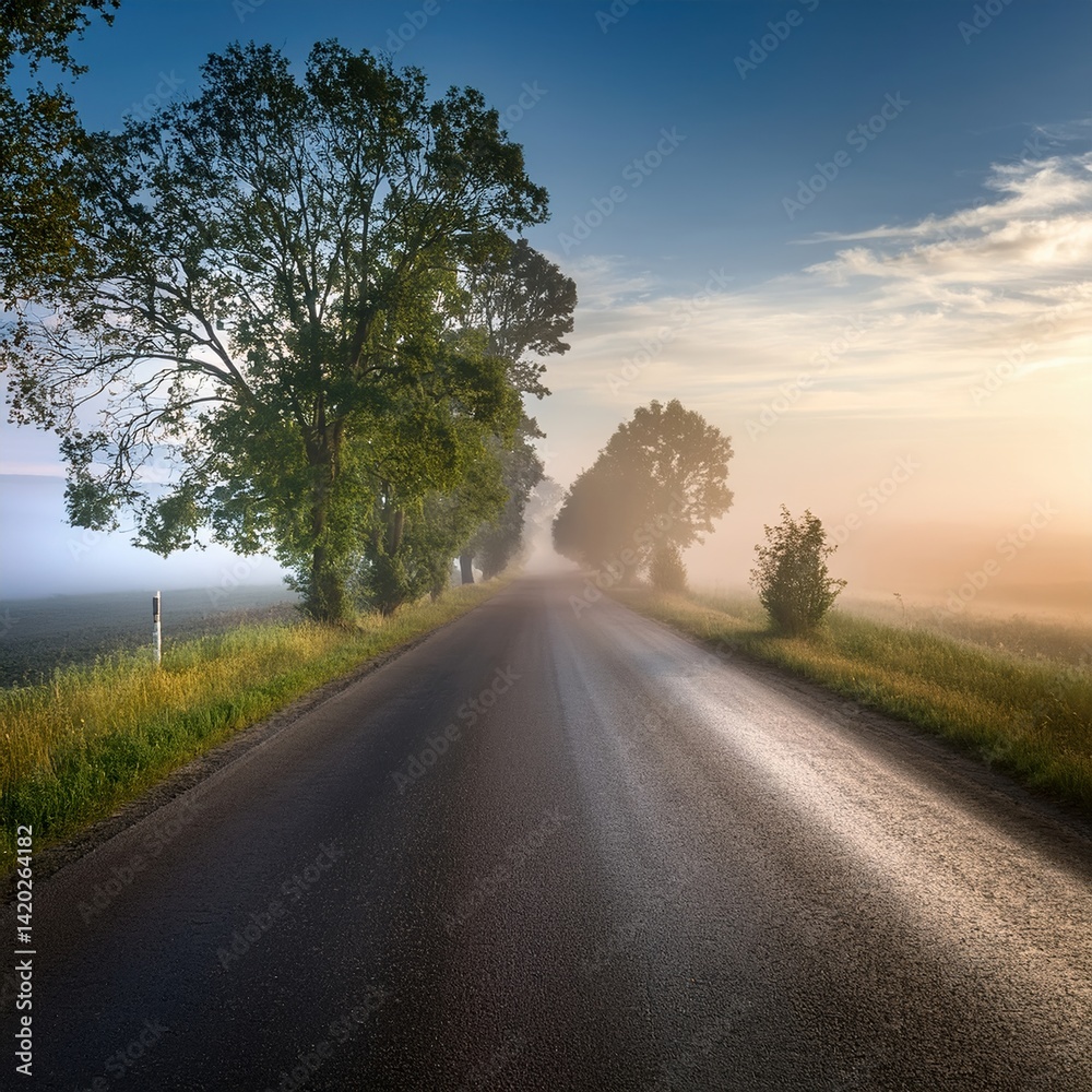Fototapeta premium Scenic misty road at sunrise with lush greenery and clear sky