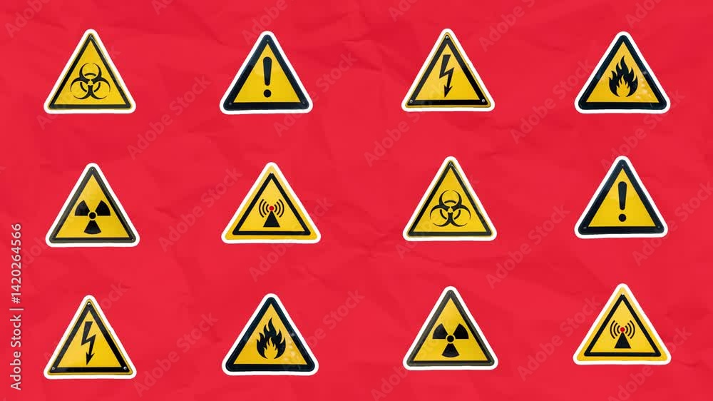 A set of yellow and black signs gradually appears, warning of various kinds of danger: radiation, fire, explosion, etc. The concept of danger. Stop motion animation on red paper background A set of yellow and black signs gradually appears, warning of various kinds of danger: radiation, fire, explosion, etc. The concept of danger. Stop motion animation on red paper background