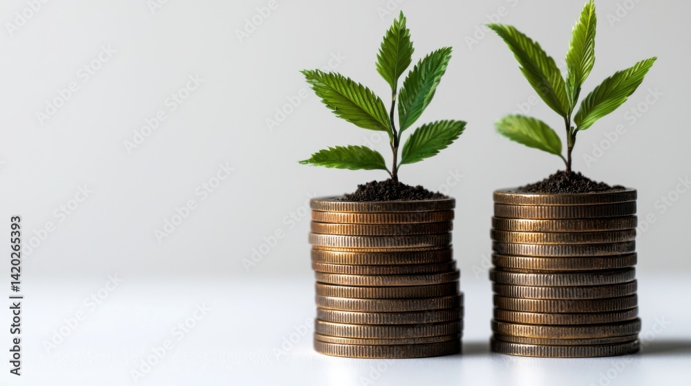 Two small plants are growing out of two stacks of coins Two small plants are growing out of two stacks of coins