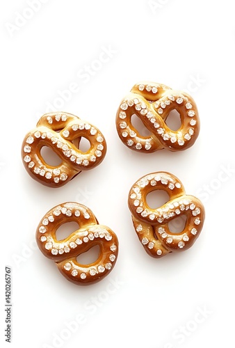 Three small pretzels on brown paper, white background