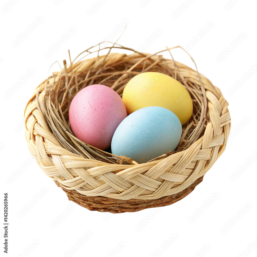 Pastel Easter Eggs in a Woven Basket Nest