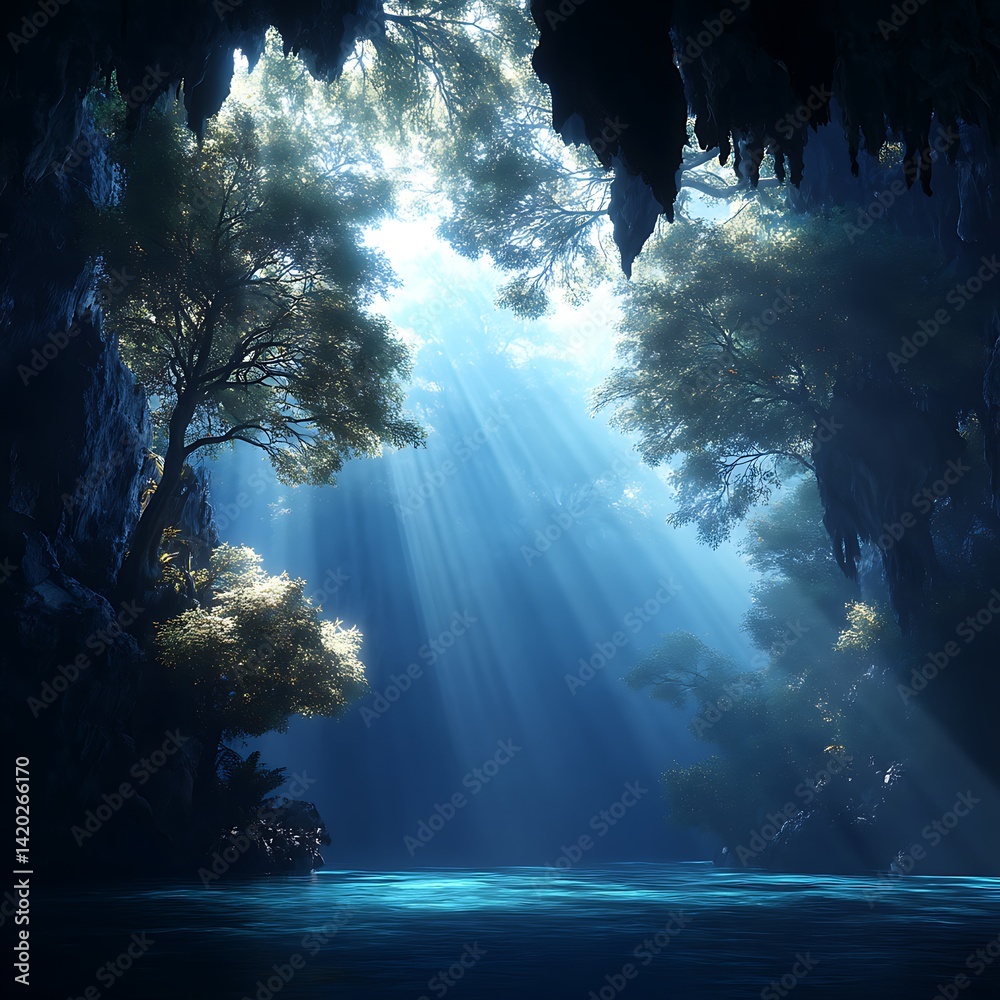 Obraz premium Serene Cavern Lake Illuminated by Divine Sunlight Rays Filtering Through Trees and Stalactites