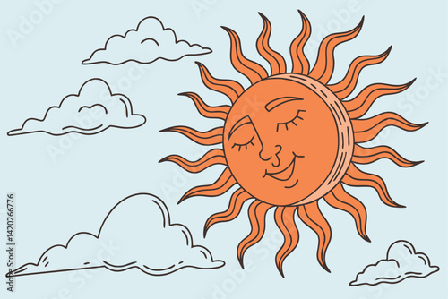 39 Bright orange sun, stylized flame-like rays, fluffy white clouds, cartoon weather icon, simple graphic design, vibrant colors, clear sky, partly cloudy, weather forecast symbol, vector illustration