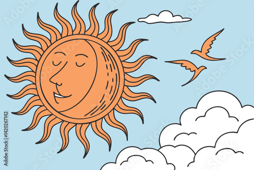 39 Bright orange sun, stylized flame-like rays, fluffy white clouds, cartoon weather icon, simple graphic design, vibrant colors, clear sky, partly cloudy, weather forecast symbol, vector illustration
