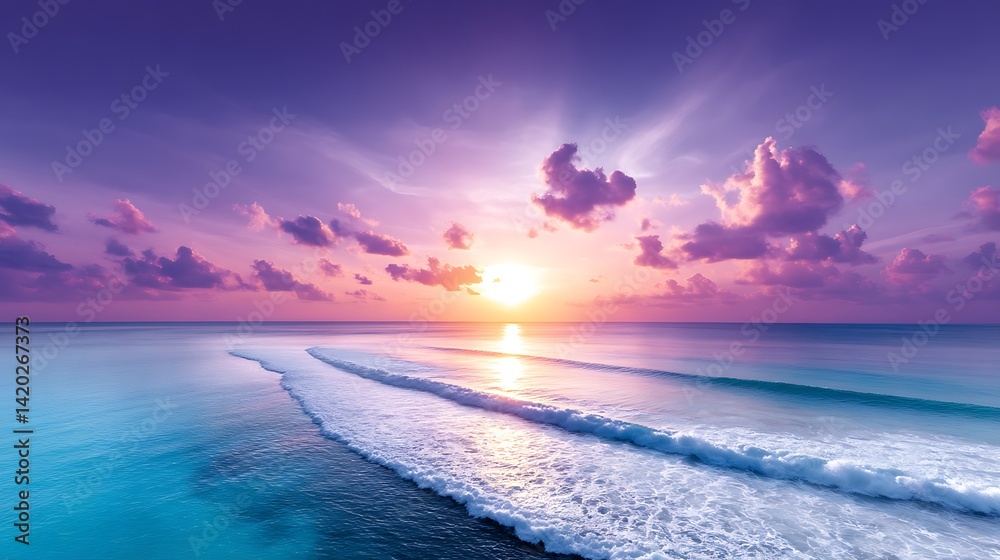 Obraz premium Serene Coastline Sunset with Gentle Waves at Dusk Tranquil Ambiance with Celestial Sky
