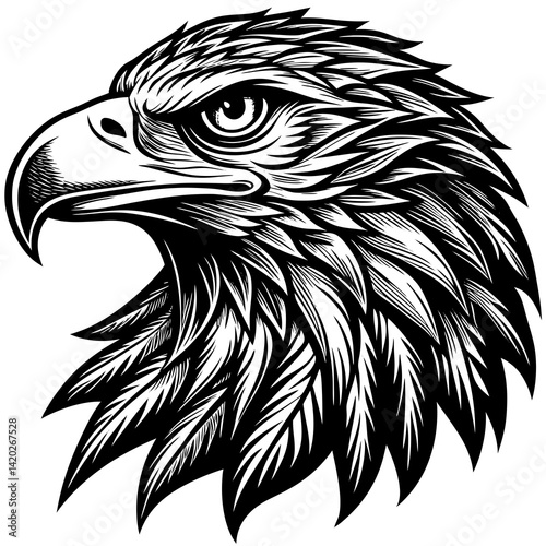 A striking black vector illustration depicts an isolated eagle head, a wild bird of prey, showcasing its powerful beak and feather detail, suitable for tribal tattoo art and nature-inspired design.