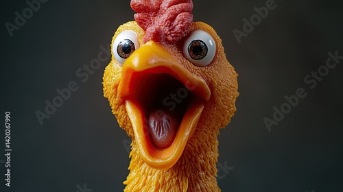 Close up of screaming rubber chicken toy mid-squawk, exaggerated expression captured in high detail for comic relief and novelty stock image concepts 