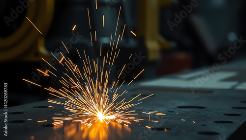 A close-up view of a sparks flying from metal during welding in an industrial workshop, showcasing precision and craftsmanship. photo