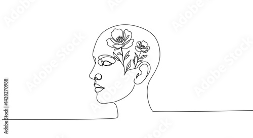 Minimalist one line drawing of human head with blooming flower inside