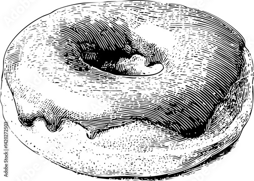 Illustration of a donut with icing in black and white engraving style. Vector illustration