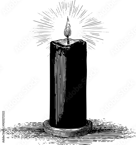 Illustration of a glowing candle with detailed shading in sketch style. Vector illustration