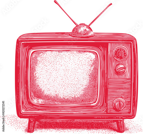 Retro red sketch of old television with antennas and dotted screen. Vector illustration