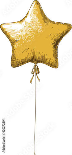 Golden star balloon illustration with sketchy texture and long string. Vector illustration