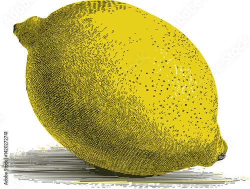 Vintage illustration of a detailed yellow lemon in black ink sketch style. Vector illustration