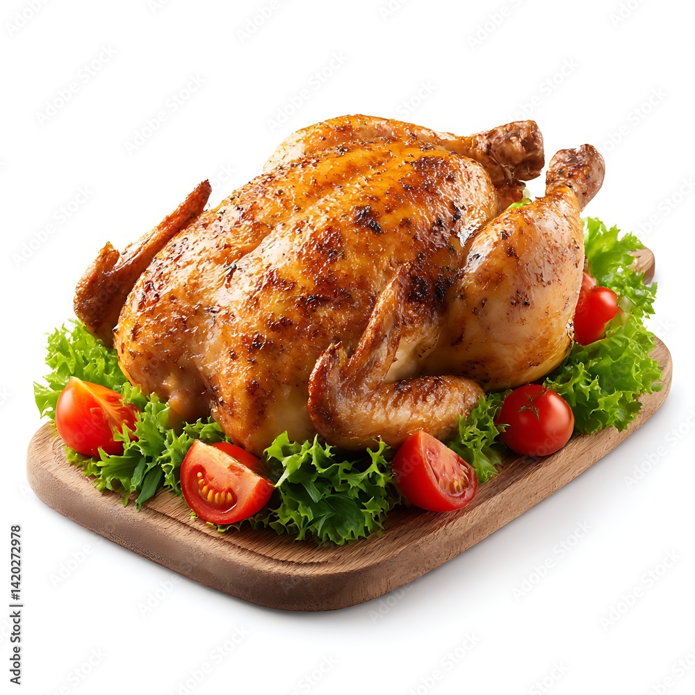Roasted whole chicken with lettuce and tomatoes isolated on white background Roasted whole chicken with lettuce and tomatoes isolated on white background