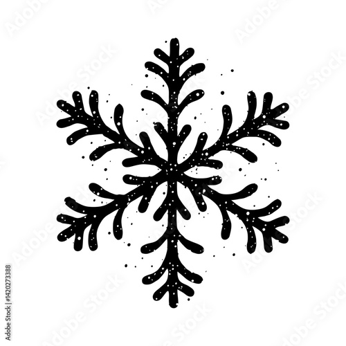 Hand-drawn black Christmas snowflake with splatter texture in grunge style on white background, symbolizing winter and cold season concept