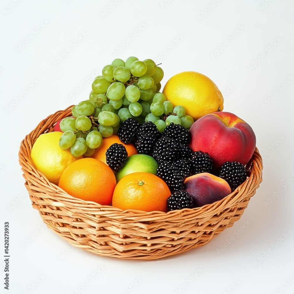 Vibrant Fruit Basket with Red Grapes, Mango, and More Food Photography Vibrant Fruit Basket with Red Grapes, Mango, and More Food Photography