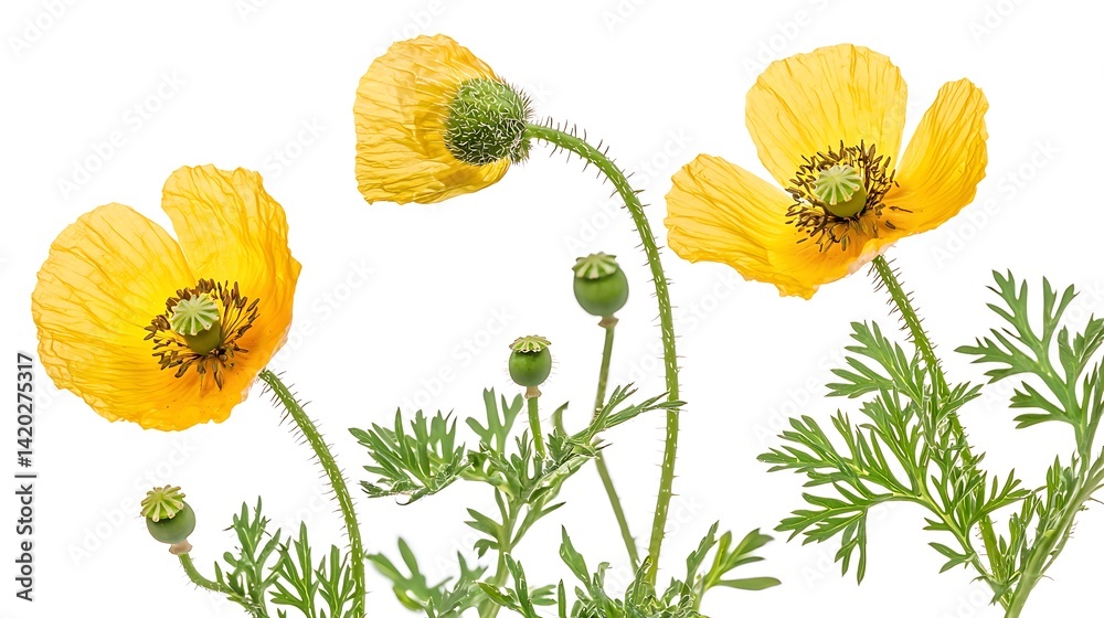 Obraz premium Bright Yellow Poppies with Delicate Petals and Green Buds