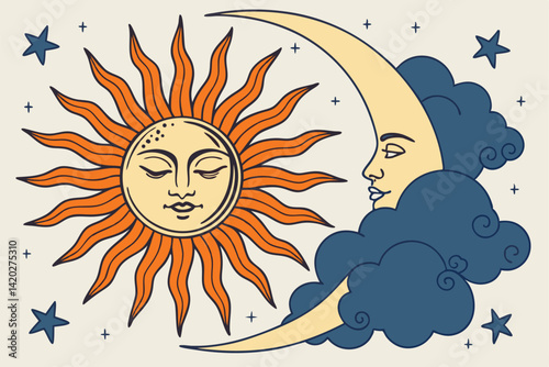 42 Celestial illustration, stylized sun and moon, anthropomorphic sun face, radiant orange sunbeams, crescent moon backdrop, fluffy blue clouds, starry night sky, cosmic artwork, vibrant colors, whims