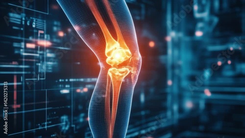 Detailed Visualization of a Glowing Knee Joint with Digital Interfaces Showcasing Medical Technology