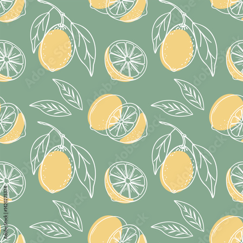 Lemon seamless pattern. Hand drawn outline citrus fruits on a green background. Illustration.