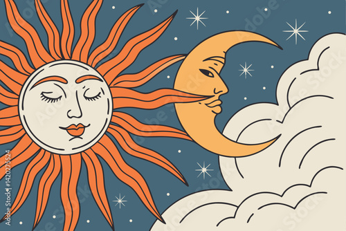 42 Celestial illustration, stylized sun and moon, anthropomorphic sun face, radiant orange sunbeams, crescent moon backdrop, fluffy blue clouds, starry night sky, cosmic artwork, vibrant colors, whims