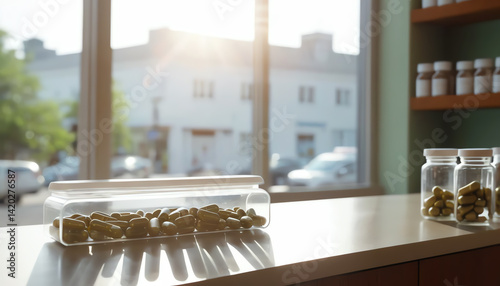 A sunny view of a modern kitchen with herbal capsules on the counter, highlighting a healthy lifestyle and wellness.