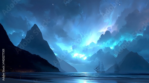 Serene Night at Sea with Mountains and Sailing Ships Under a Dramatic Sky.