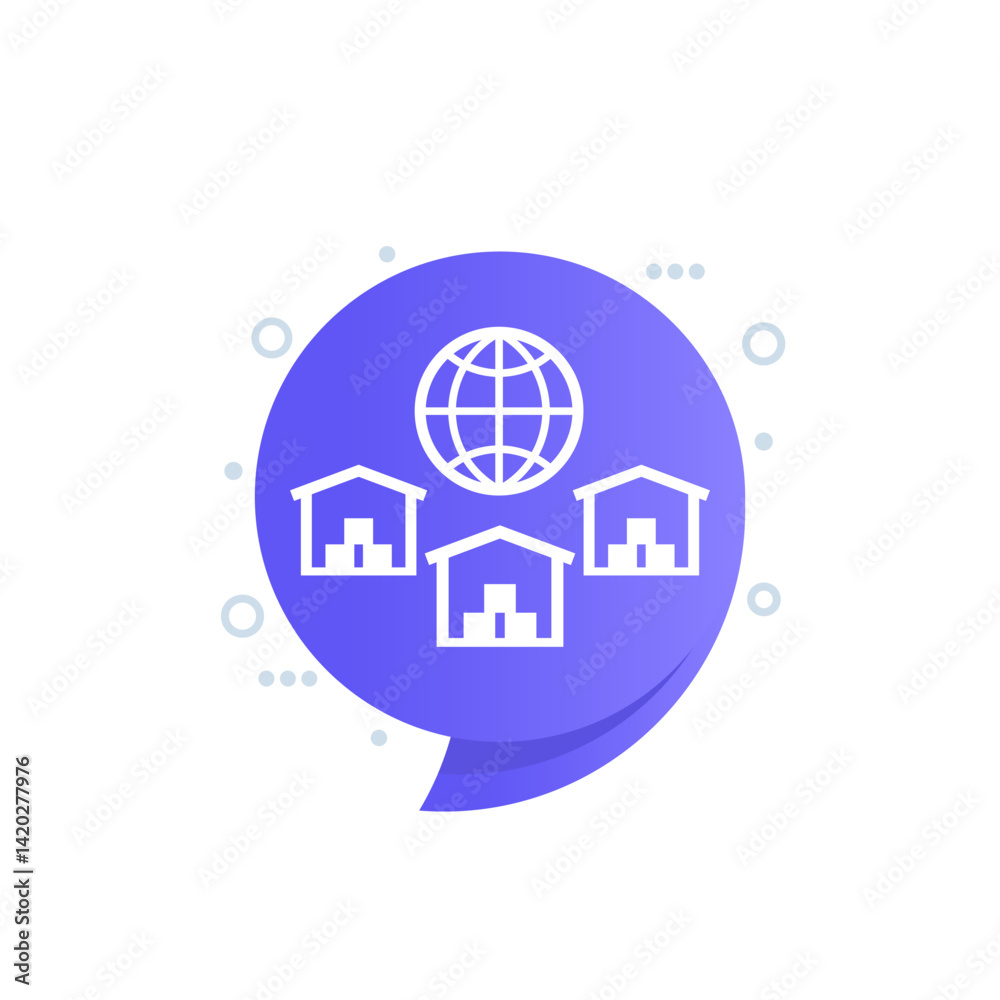 Global sourcing icon with warehouses, vector Global sourcing icon with warehouses, vector