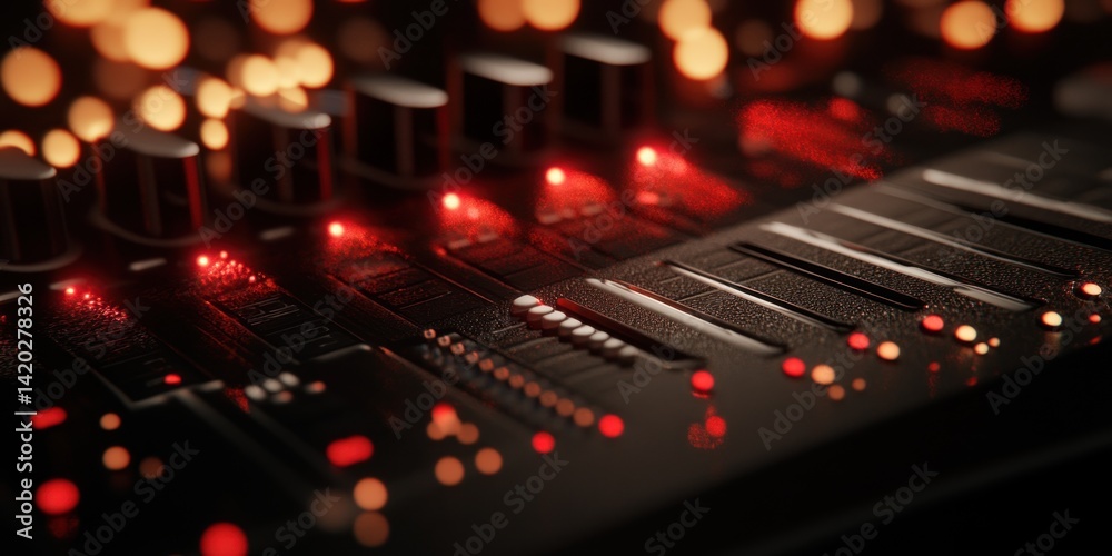 Illuminated Audio Mixer Control Panel: A Close-Up Illuminated Audio Mixer Control Panel: A Close-Up