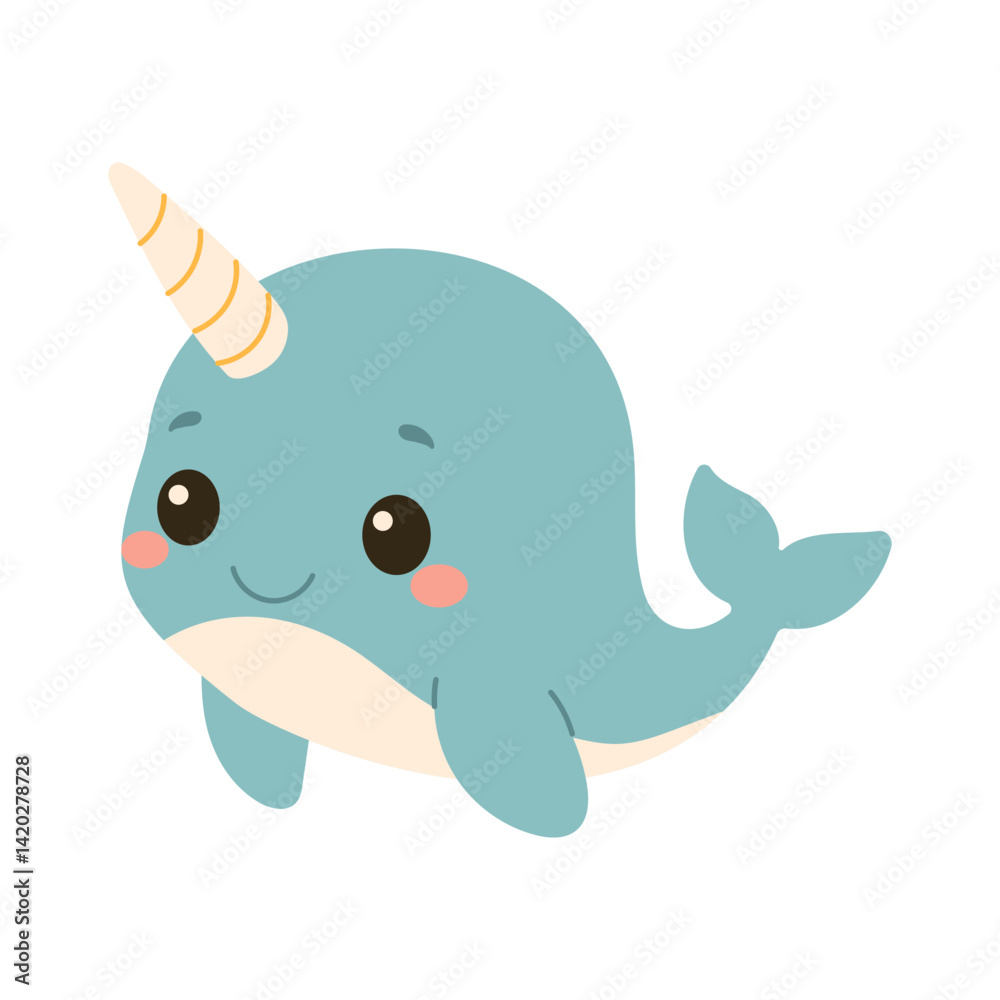 A cute cartoon whale with a unicorn horn on its head. The whale is smiling and looking at the camera A cute cartoon whale with a unicorn horn on its head. The whale is smiling and looking at the camera