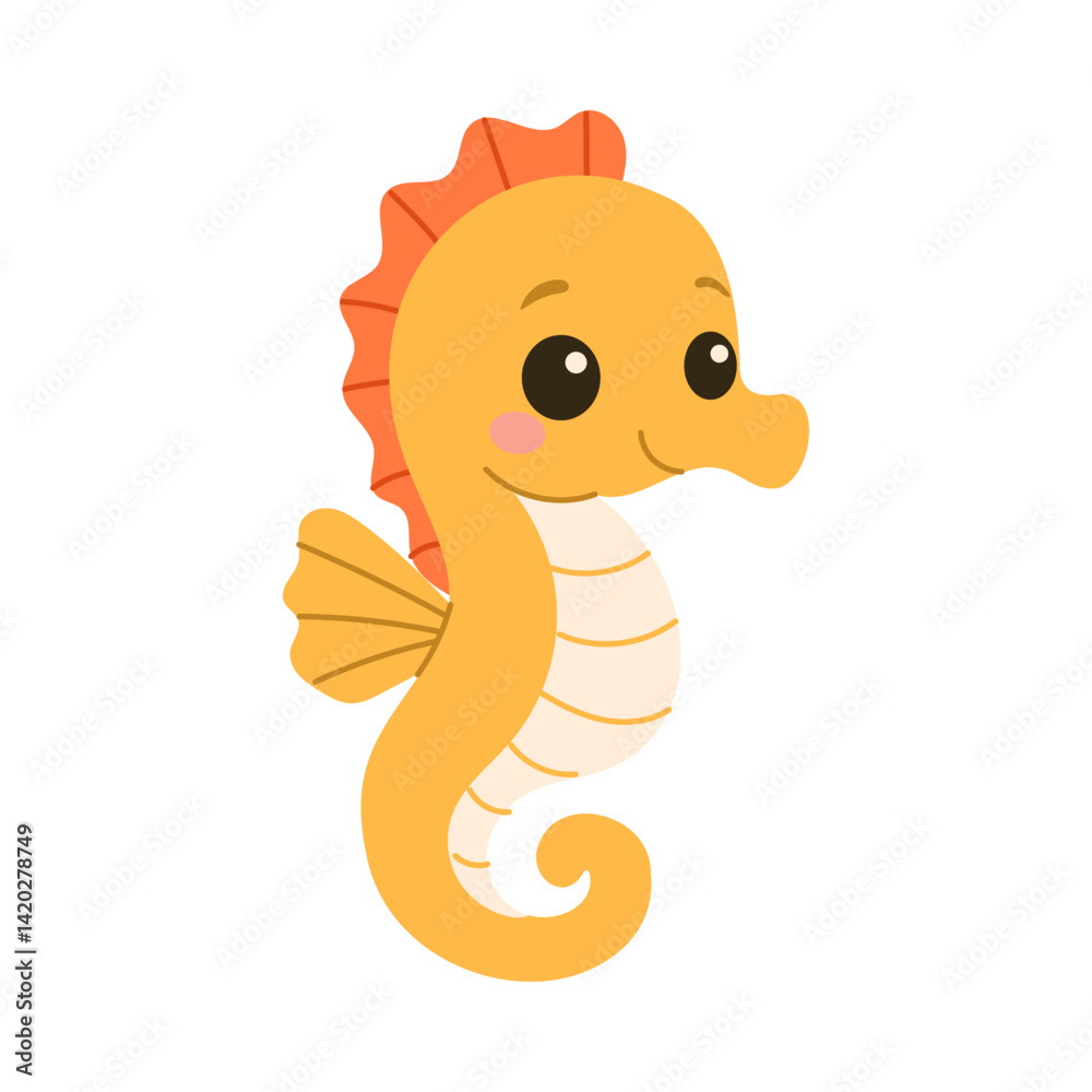 Fototapeta premium A cartoonish yellow seahorse with a big smile on its face. The seahorse is cute and friendly, and it looks like it's having a good time