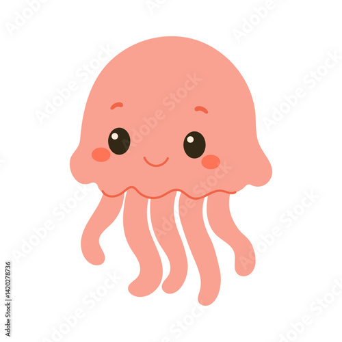 A cartoonish jellyfish with a big smile on its face. The jellyfish is pink and has a long, slimy body