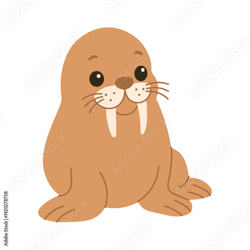 A cute cartoon seal with a long white tusk. The seal is sitting on its haunches and looking at the camera