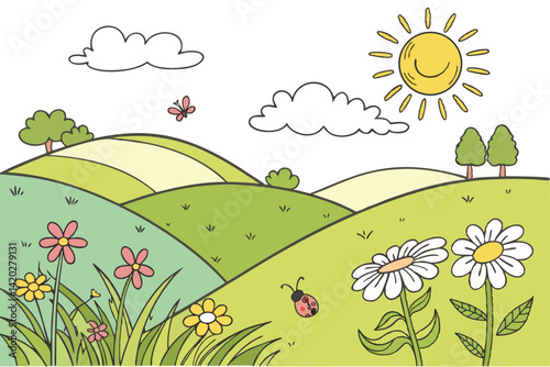 44 Cheerful cartoon landscape, rolling green hills, bright yellow sun, radiant sunbeams, blue sky, white clouds, colorful wildflowers, daisies, sunflowers, pink flowers, lush grass, springtime scene, 